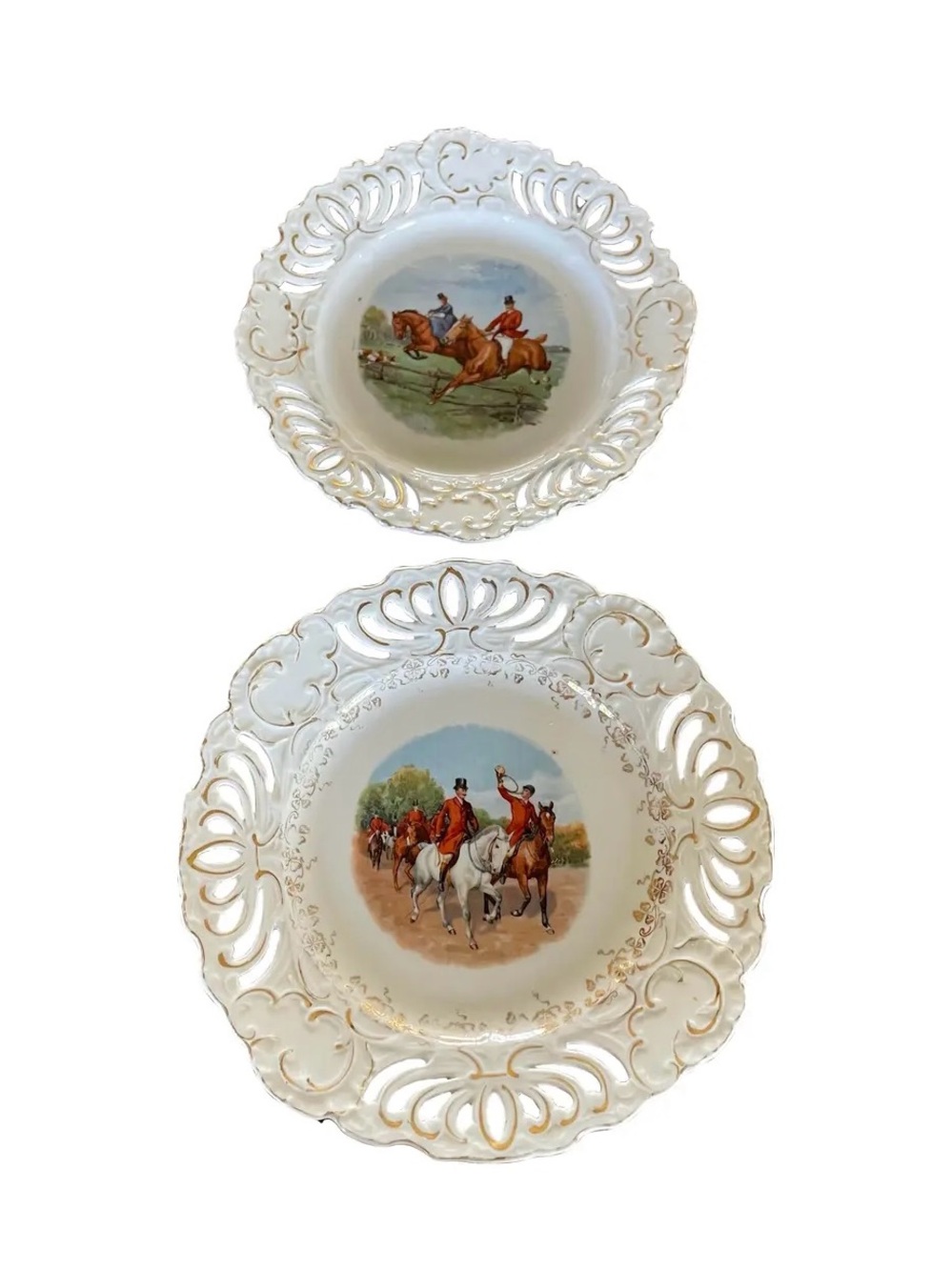 Decorative Porcelain Hunting Scene Plate Set White with Gold Trim Equestrian